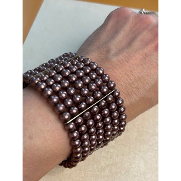 Wide Cuff Bracelet With Multiple Rows Of Metallic Mauve Beads And Stretch Band F - Picture 6 of 6